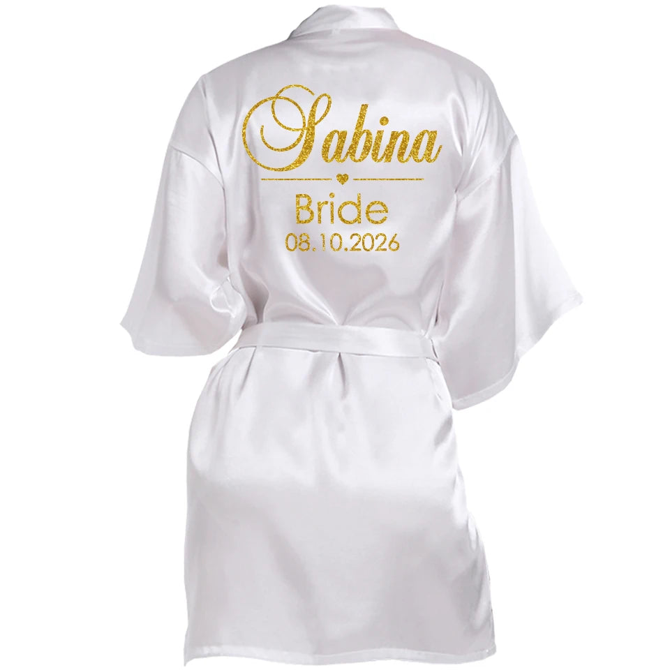 Customized Name Date Wedding Bathrobe Faux Silk Bridal Robe Bridesmaid