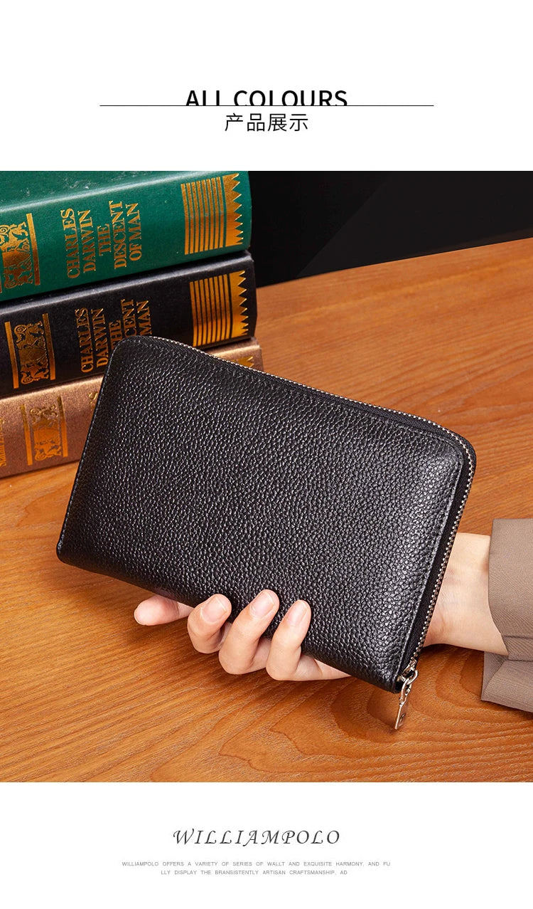 RFID Anti-Theft Cowhide Leather Wallet Brush Head Layer Large Capacity