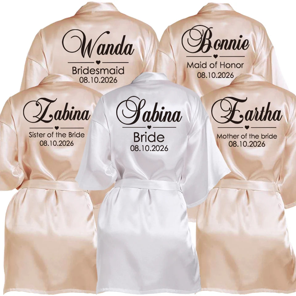 Customized Name Date Wedding Bathrobe Faux Silk Bridal Robe Bridesmaid