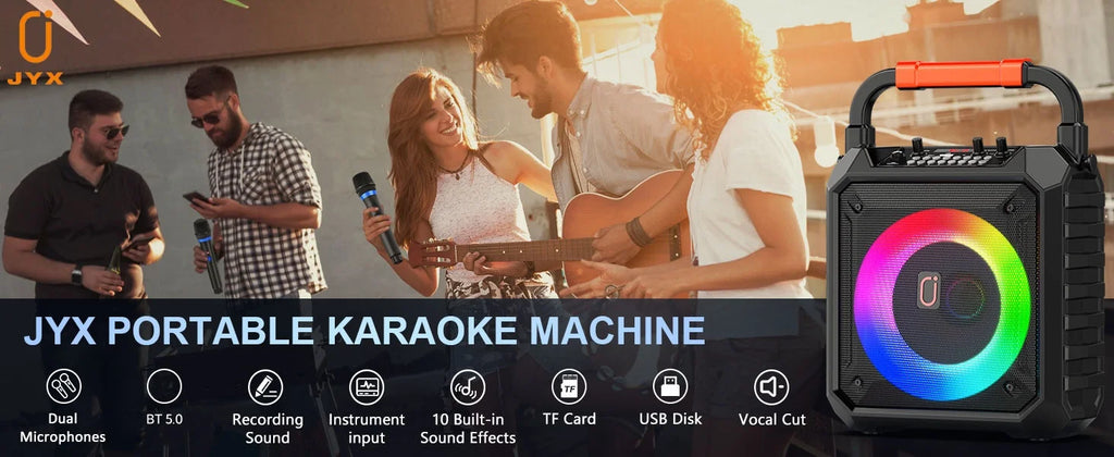 Karaoke Machine with 2 Wireless Microphones Portable Speaker LED Lights Kids Adults