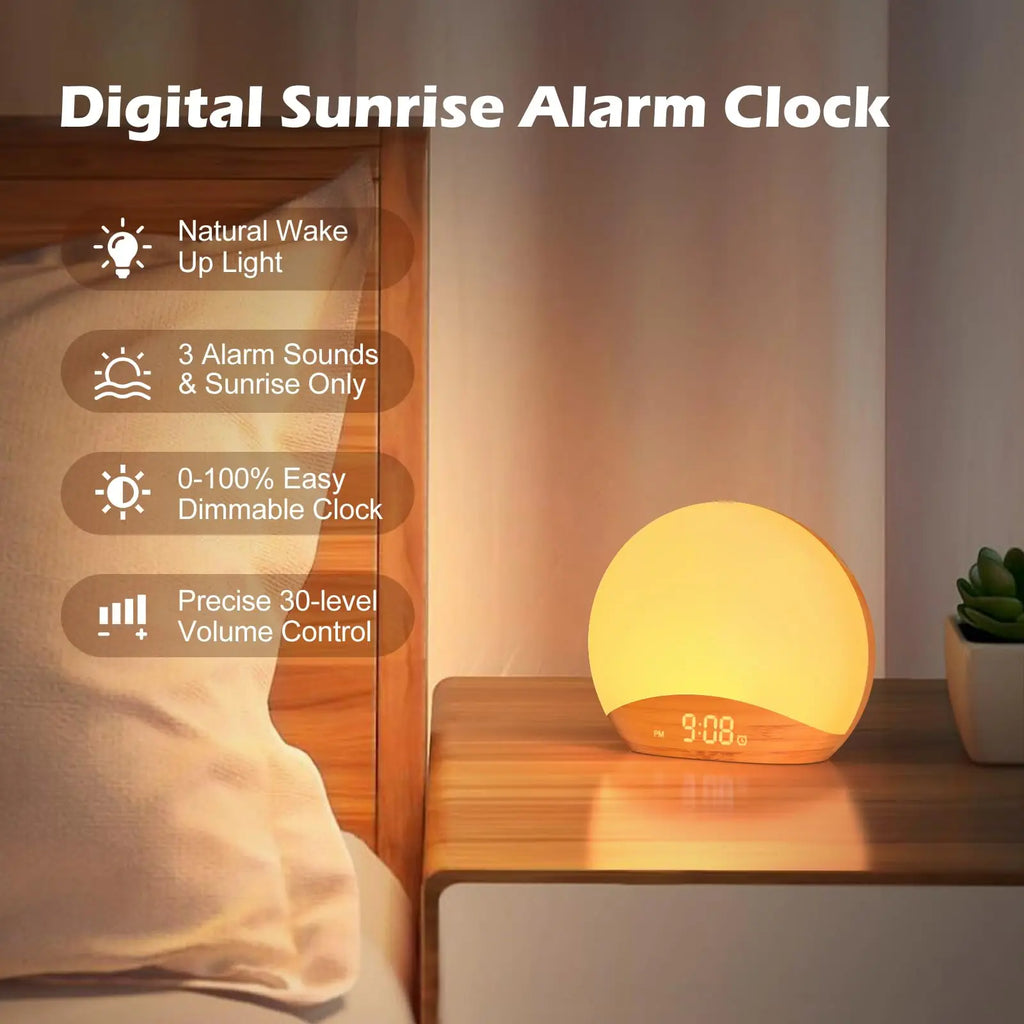 Wood Grain Sunrise Alarm Clock Sound Machine Nightlight Digital Dimmable for Bedroom 26 Sleep Sounds Baby Adults Kids