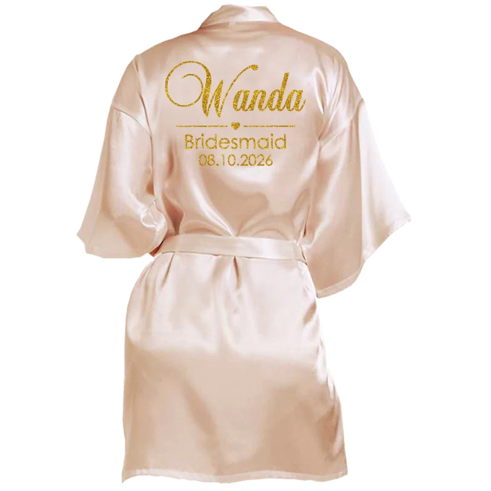 Customized Name Date Wedding Bathrobe Faux Silk Bridal Robe Bridesmaid