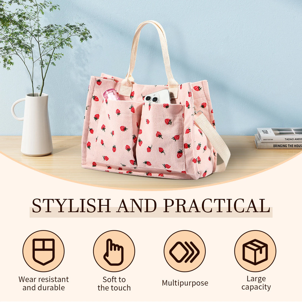 Tote Bag Cute Strawberry Patched Purse Women Fabric Large Capacity Purse Adjustable Shoulder