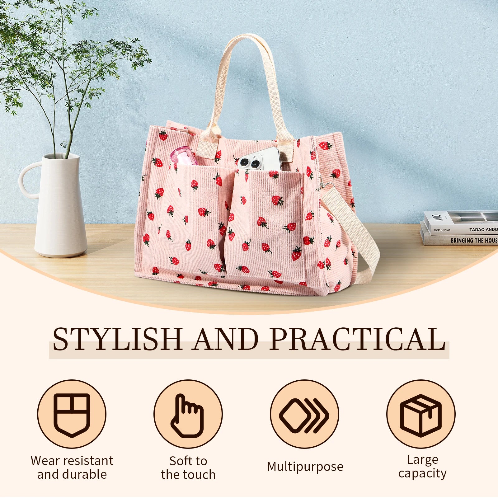 Tote Bag Cute Strawberry Patched Purse Women Fabric Large Capacity Purse Adjustable Shoulder