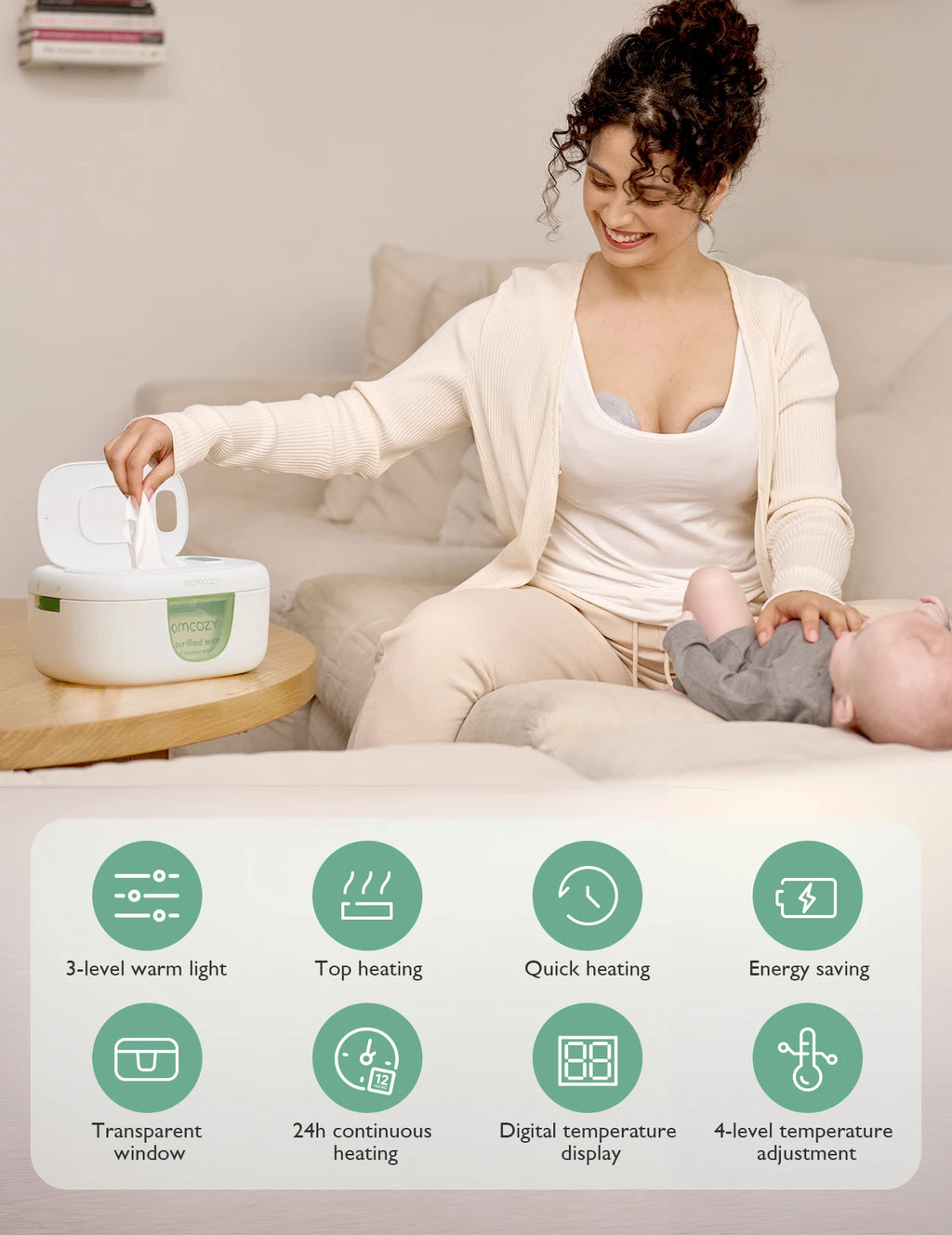 Momcozy Baby Wipe Warmer Large Capacity Fast Even Heating 4 Temperature Settings Night Light