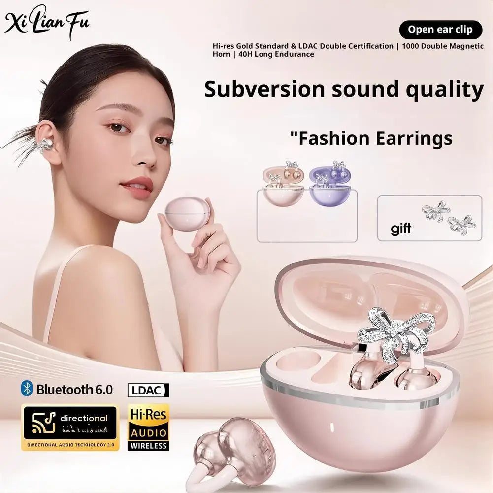 Clip-On Earbuds Wireless Bluetooth 5.4 Comfortable Open Ear Headphones with Aurora Earrings 50h Play Christmas Gifts