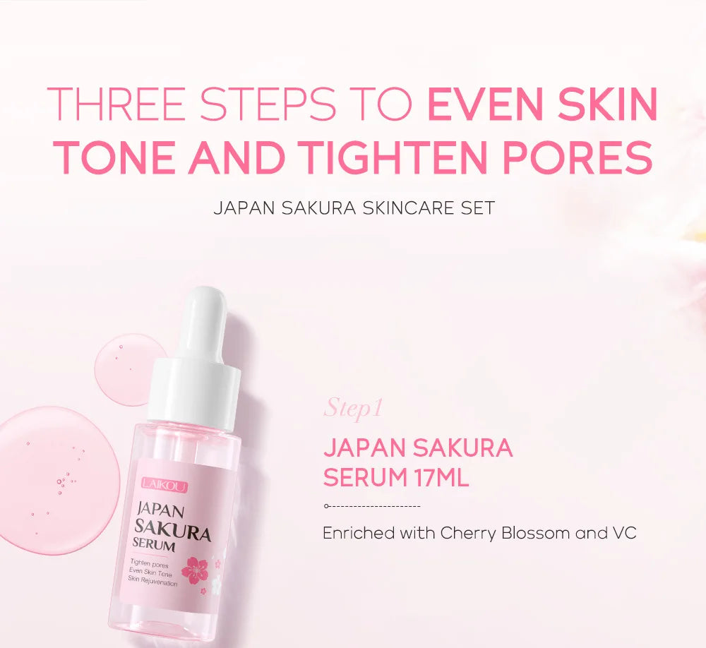 3pcs set LAIKOU Skin Care Vitamin C Sakura Snail Essence Serum Eye Face Cream Moisturizer Travel Size