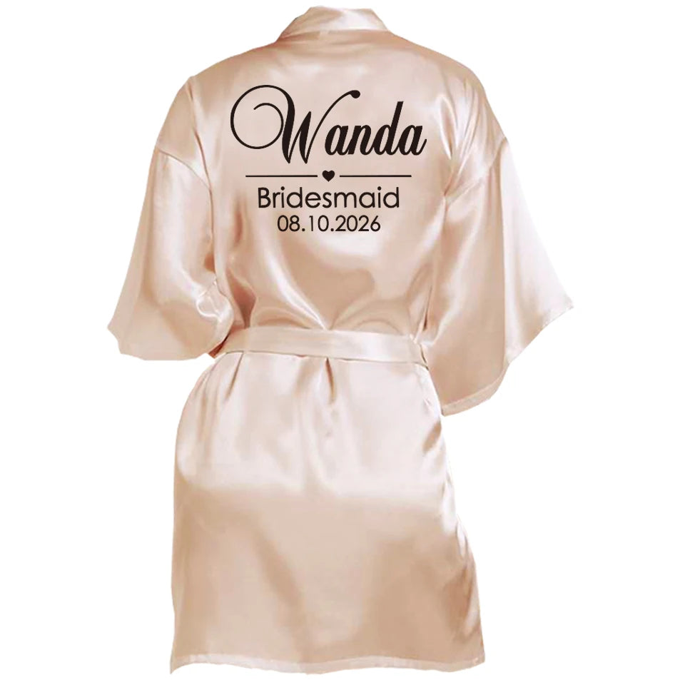 Customized Name Date Wedding Bathrobe Faux Silk Bridal Robe Bridesmaid
