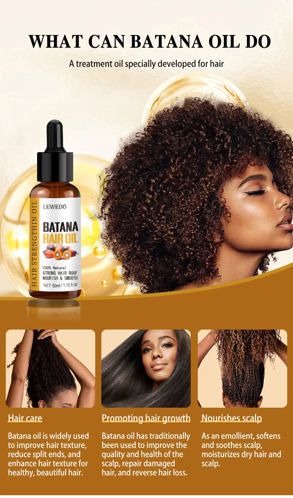 100% Pure Batana Hair Care Oil Growth Nourish Reduce Hair Loss Anti-Breakage Thickening
