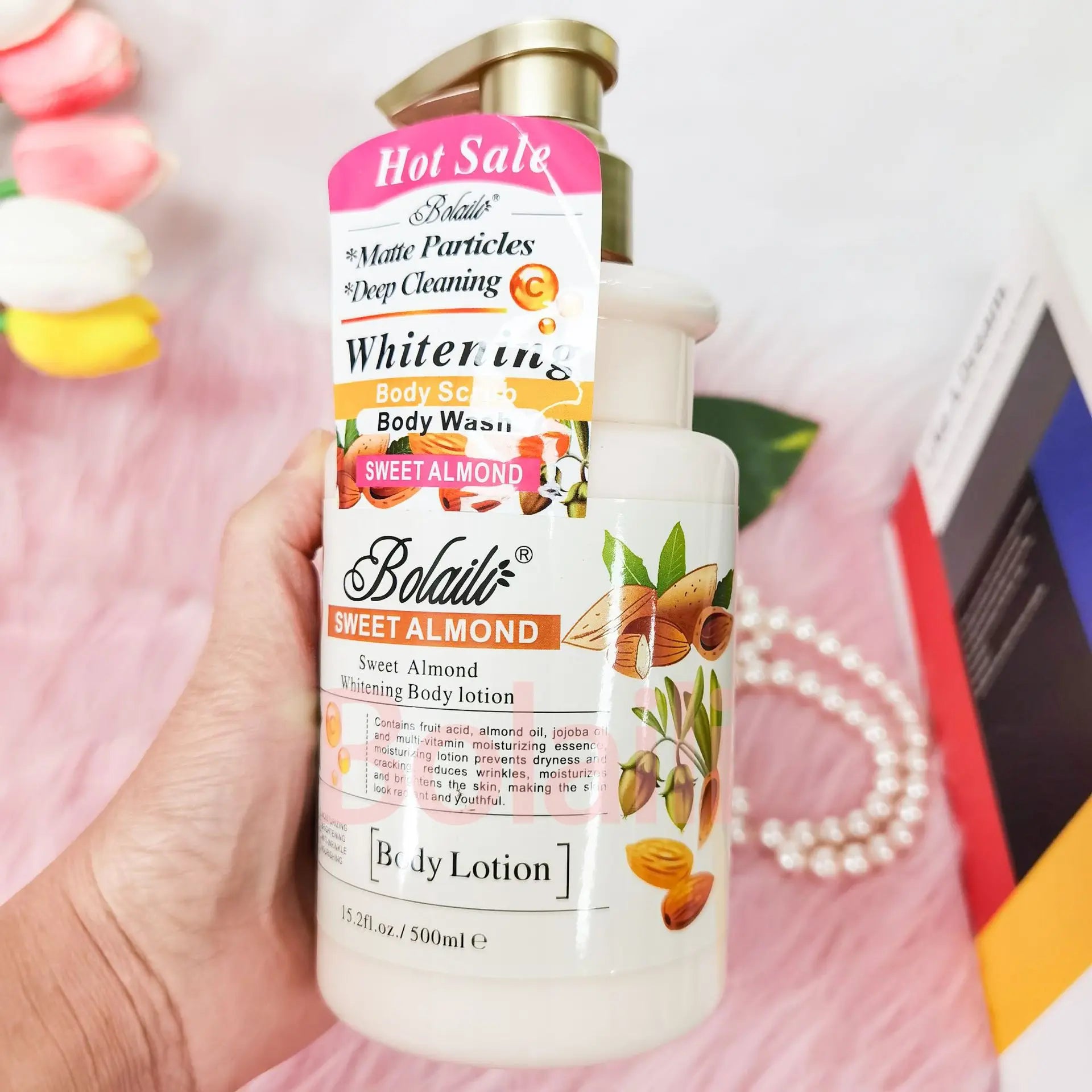 500ml Almond Whitening Body Lotion & Scrub Body Wash Exfoliating Moisturizing Whitening Skin Lightening Increase Skin Radiance