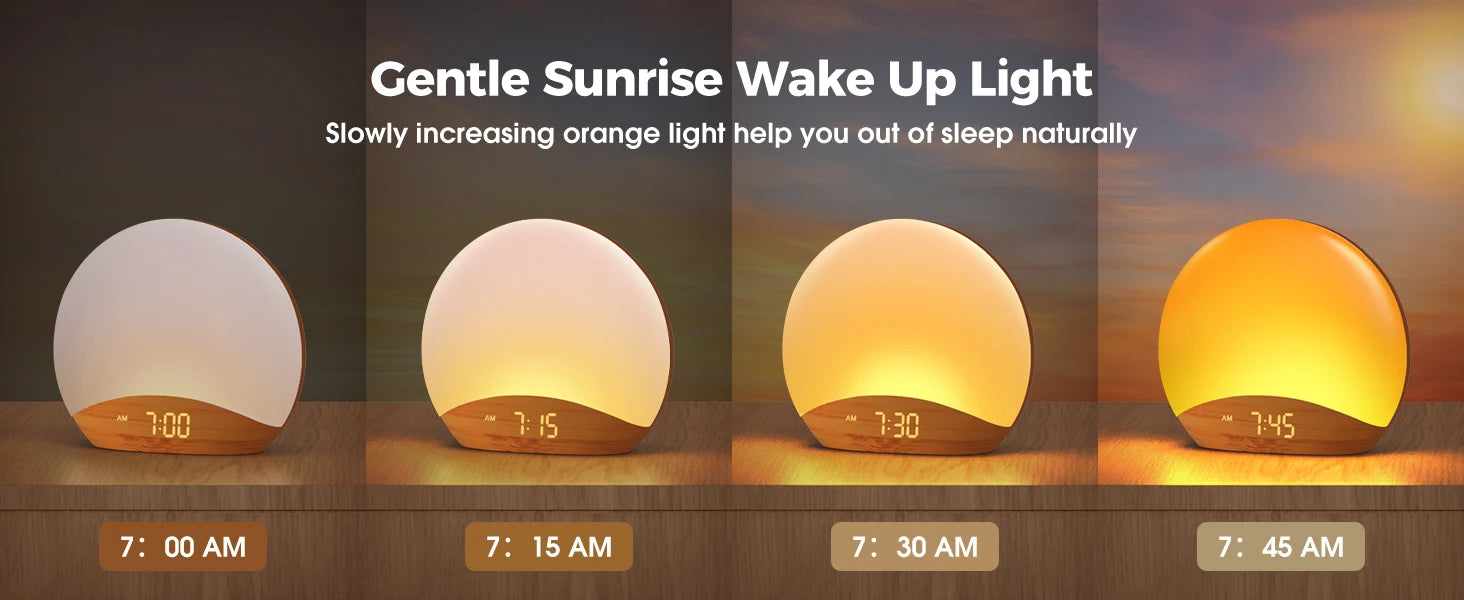 Wood Grain Sunrise Alarm Clock Sound Machine Nightlight Digital Dimmable for Bedroom 26 Sleep Sounds Baby Adults Kids