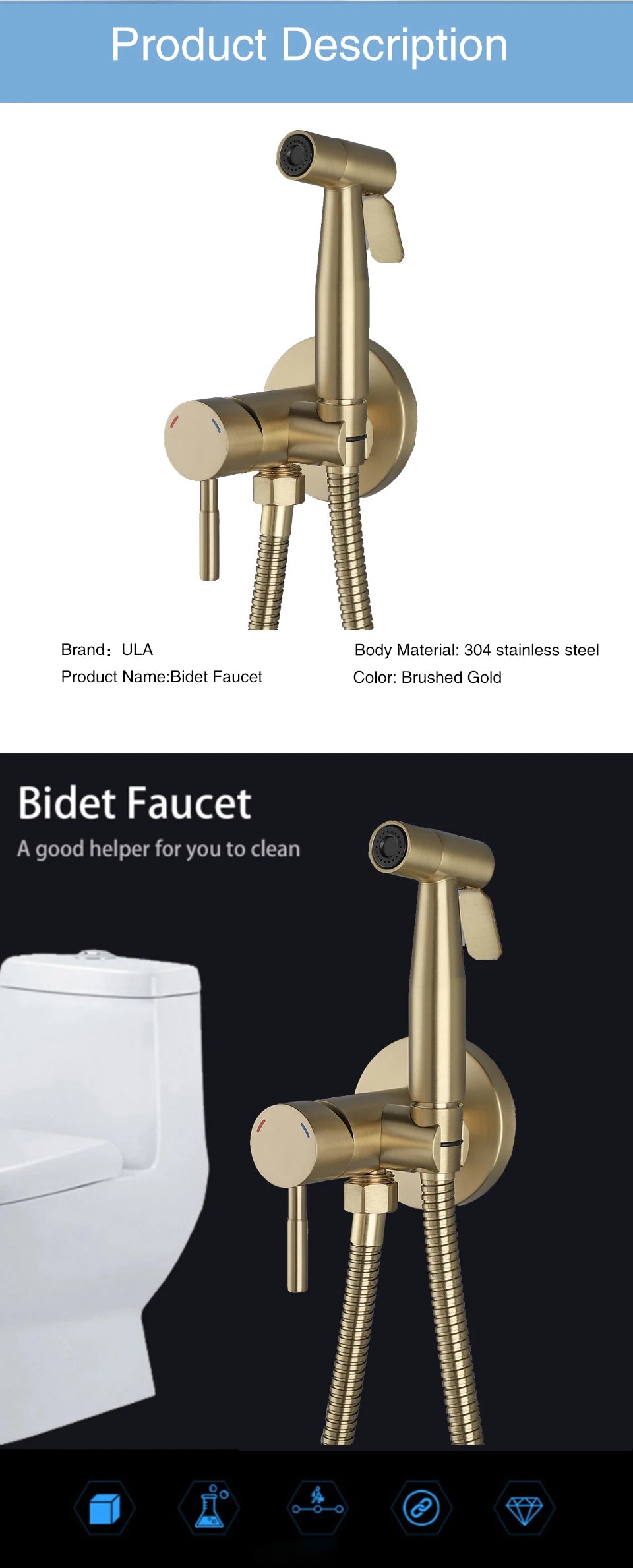 ULA Portable Bidet Sprayer Set Black Stainless Steel Toilet Bathroom Shower Head