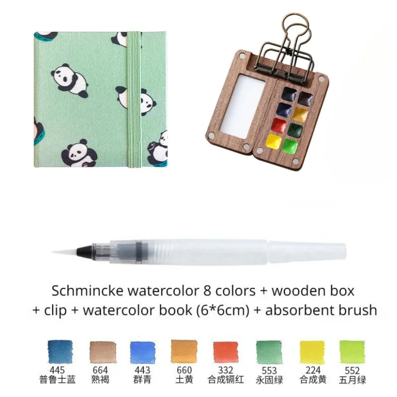Portable Travel Watercolor Set Schmincke 8 Colors Mini Walnut Paint Box Sketchbook Supplies