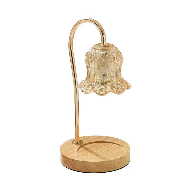 Candle Warmer Lamp 2 Bulbs Soft Brightness Ambiance Modern Glass Flower Wood Base