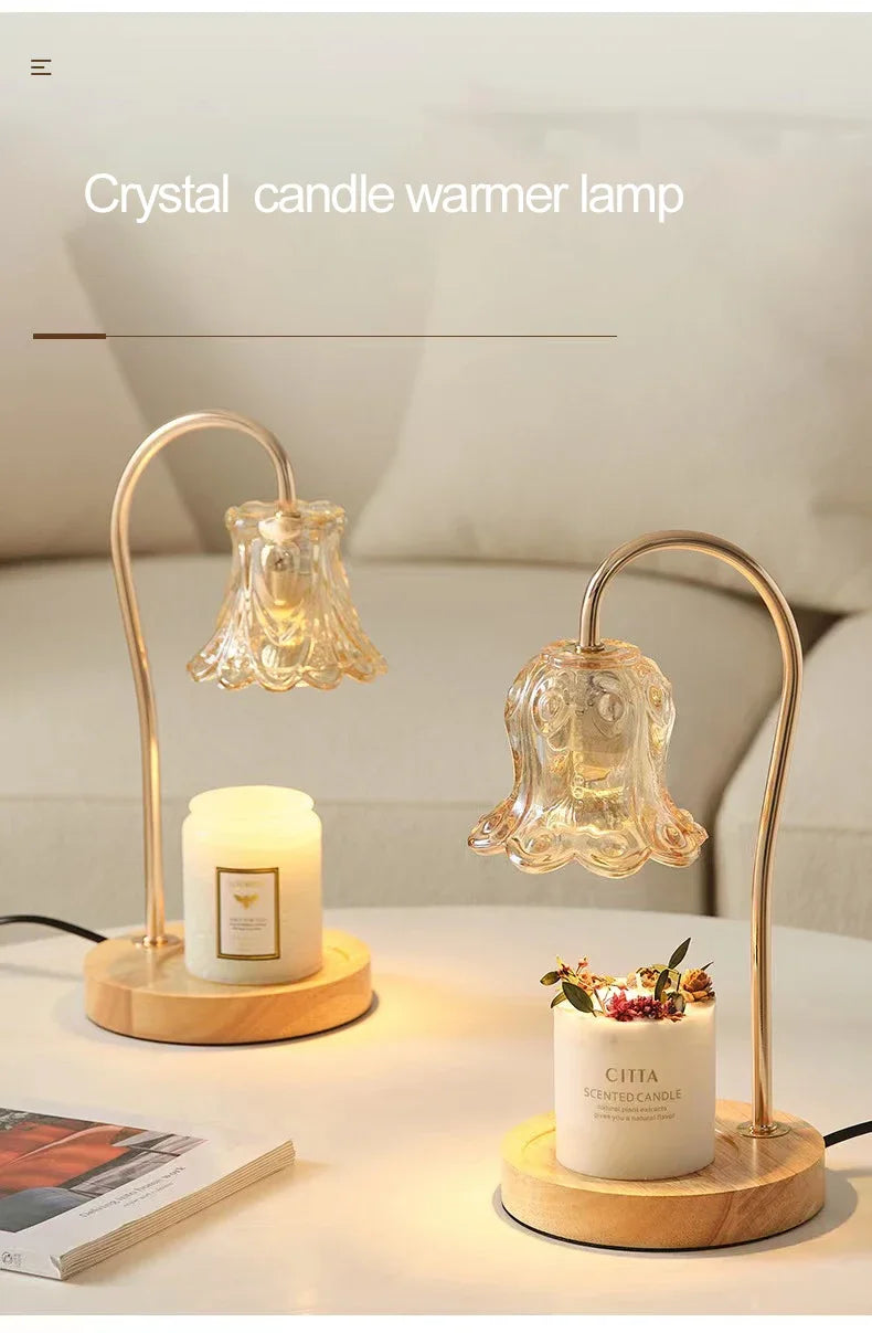 Candle Warmer Lamp 2 Bulbs Soft Brightness Ambiance Modern Glass Flower Wood Base
