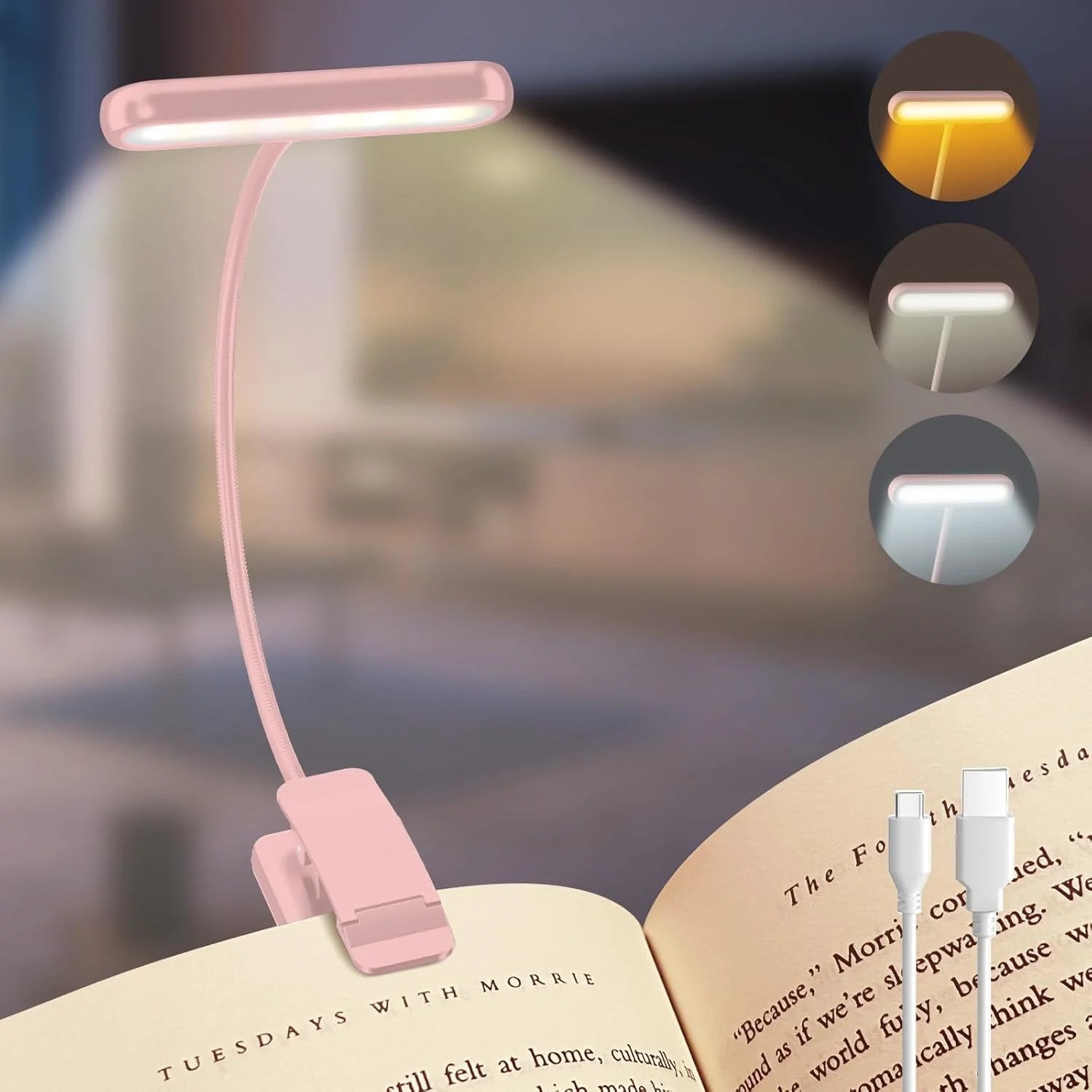 Book Light USB Rechargeable Reading Warm Cool White Daylight Portable Flexible Easy Clip Night Lamp