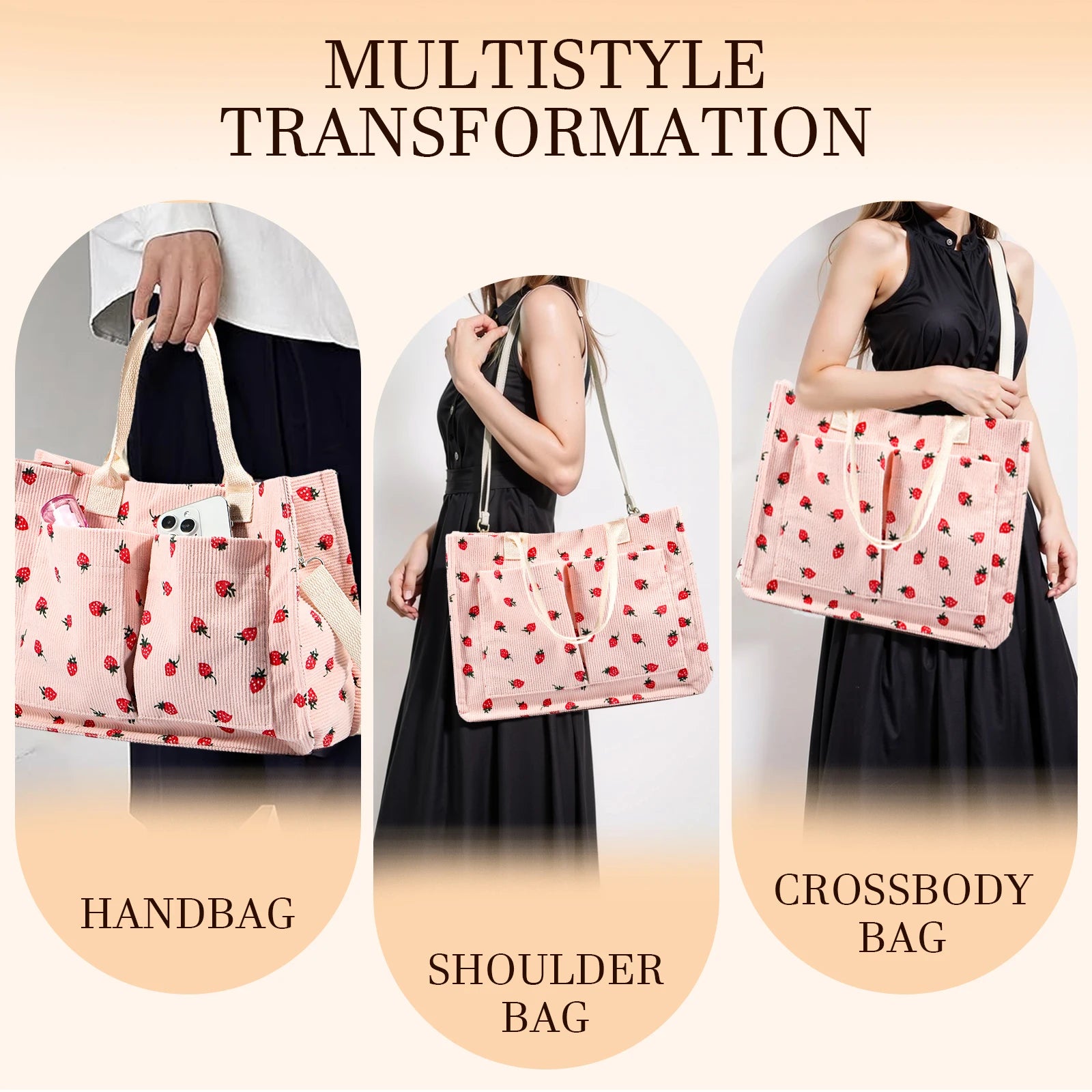 Tote Bag Cute Strawberry Patched Purse Women Fabric Large Capacity Purse Adjustable Shoulder