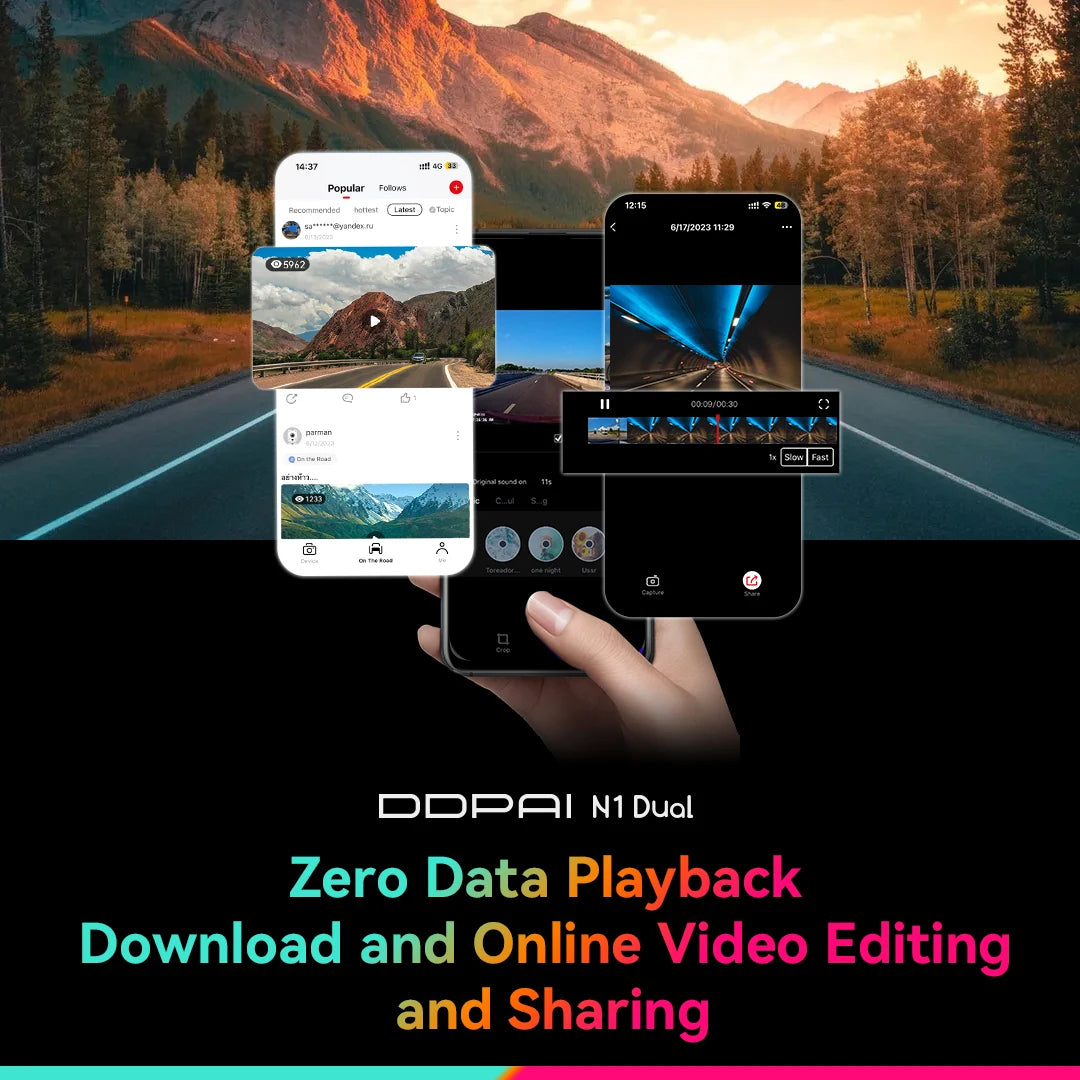 DDPAI Dash Cam N1 Dual Front & Rear Recording Night VIS 1296P Car DVR App Control