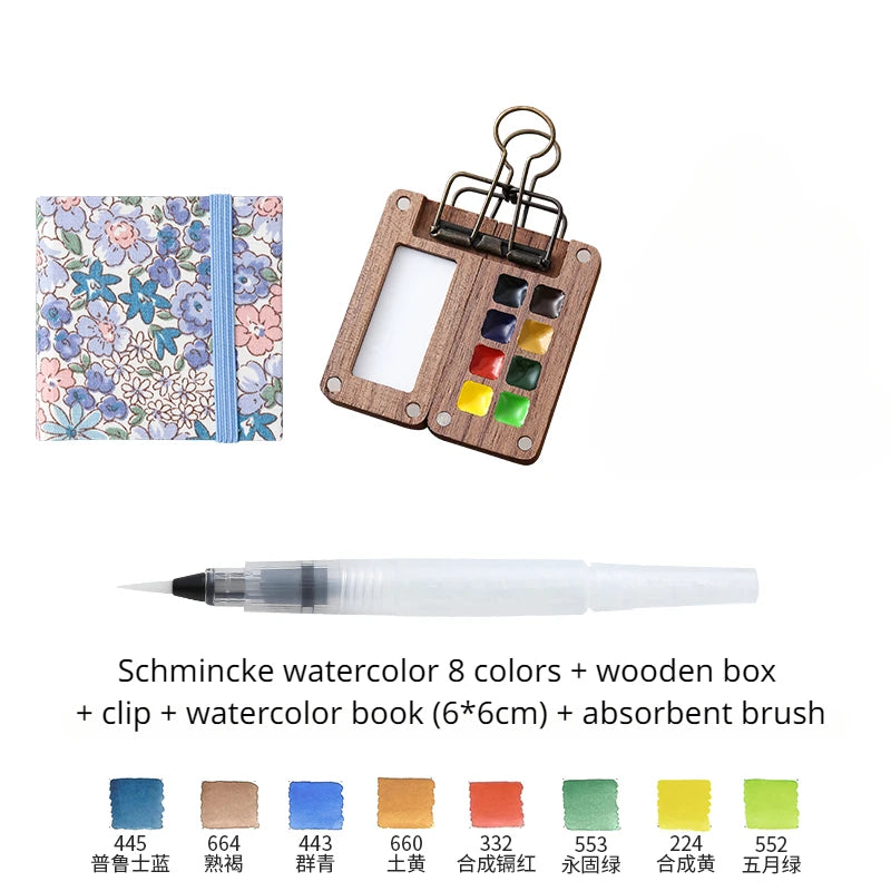 Portable Travel Watercolor Set Schmincke 8 Colors Mini Walnut Paint Box Sketchbook Supplies