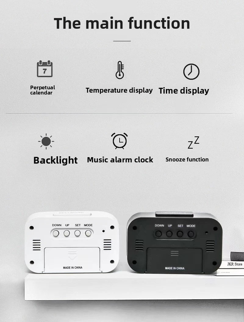 Alarm Clock Digital LED Electronic Backlight Snooze Calendar Home Office Desktop Screen Display Watch