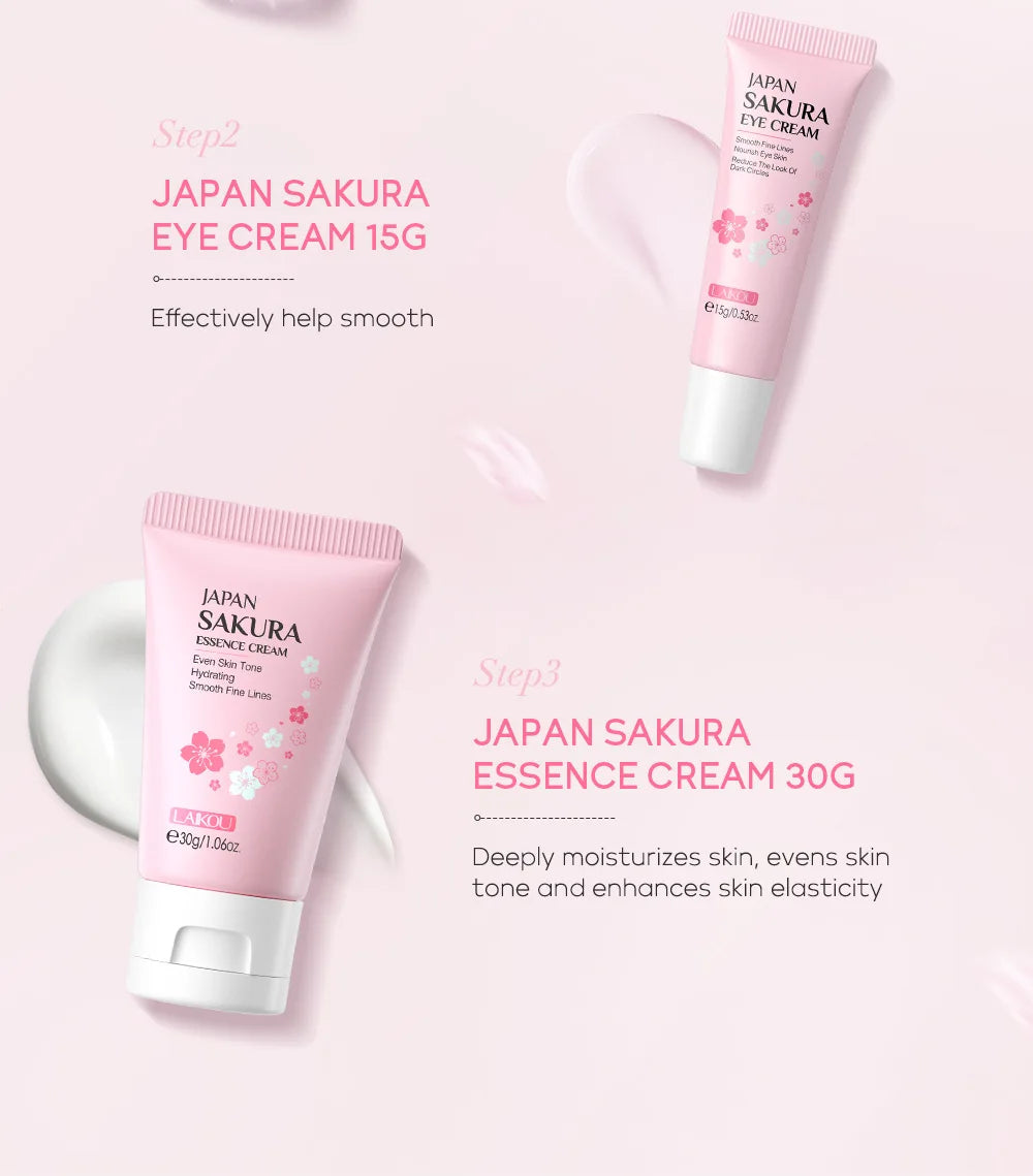 3pcs set LAIKOU Skin Care Vitamin C Sakura Snail Essence Serum Eye Face Cream Moisturizer Travel Size