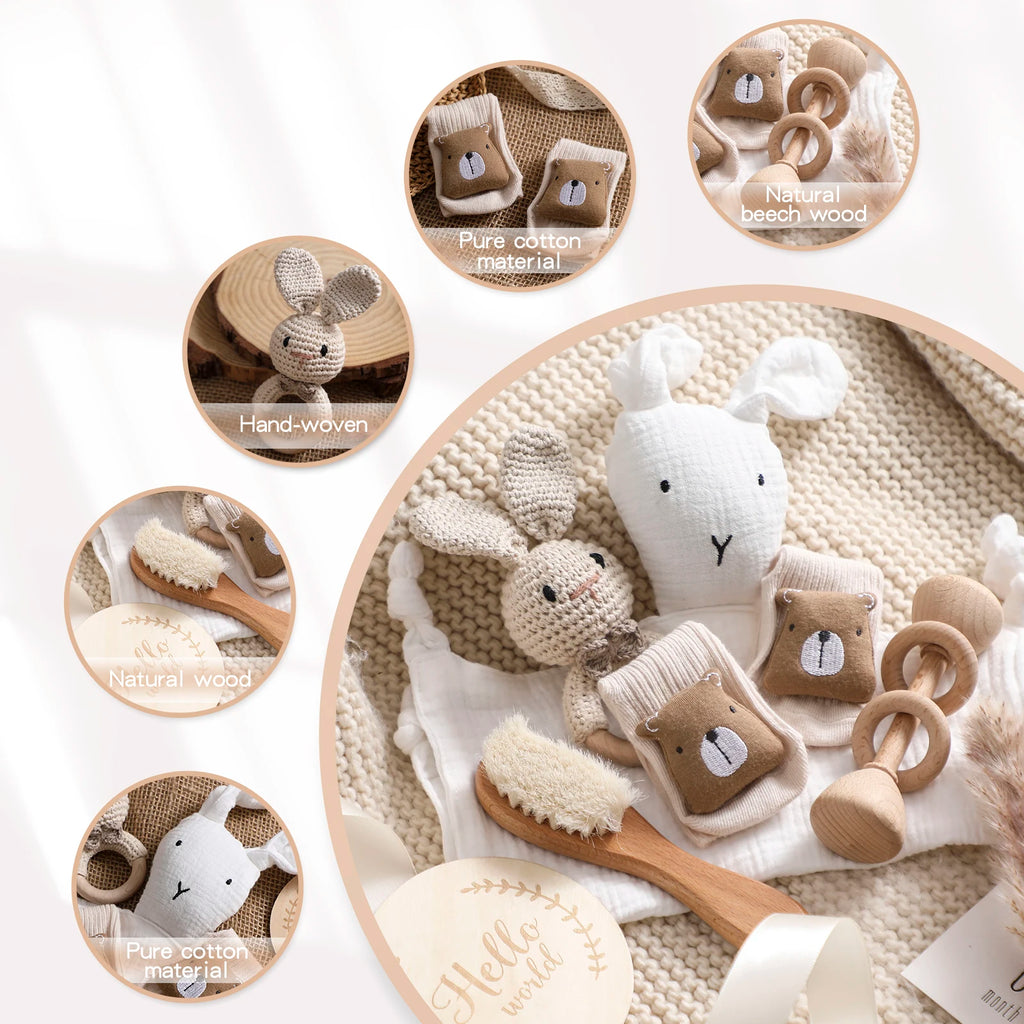Baby Bath Set Cotton Blanket 7PCS Gift Box Wooden Crochet Rattle Brush Bracelet Towel For Baby Shower Gift