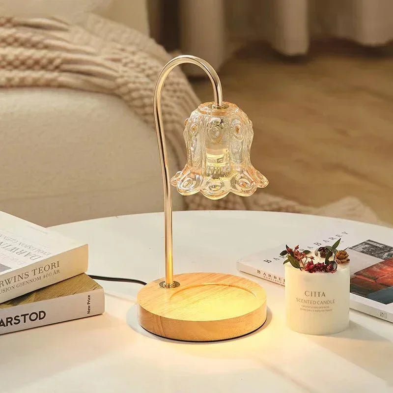Candle Warmer Lamp 2 Bulbs Soft Brightness Ambiance Modern Glass Flower Wood Base