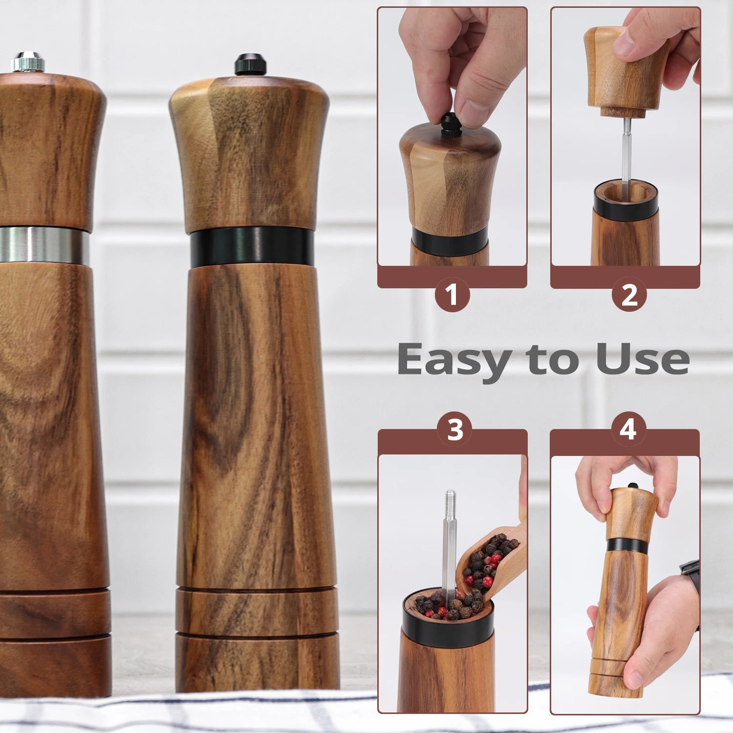 Wood Salt and Pepper Mills Set (with spare ceramic and brush)  Kitchen