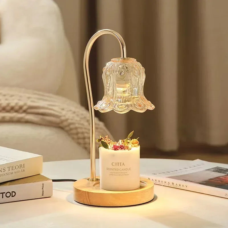 Candle Warmer Lamp 2 Bulbs Soft Brightness Ambiance Modern Glass Flower Wood Base