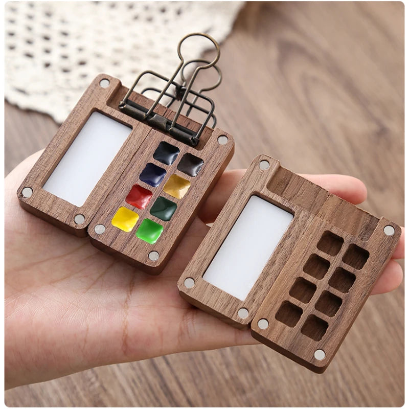 Portable Travel Watercolor Set Schmincke 8 Colors Mini Walnut Paint Box Sketchbook Supplies