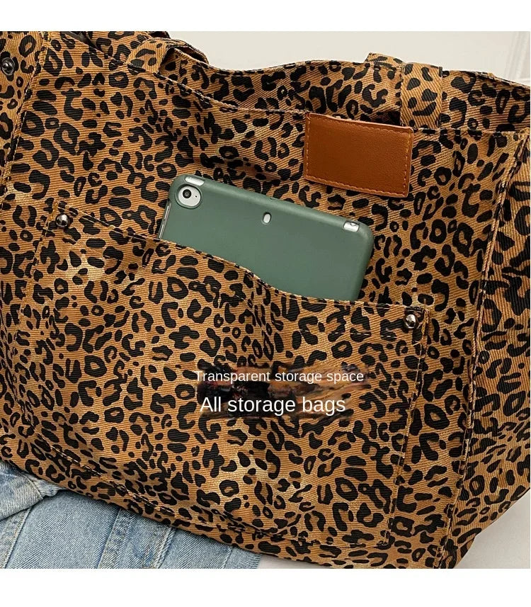 Oversized Leopard Print Shoulder Bag Women Canvas Large Capacity Shopping Tote