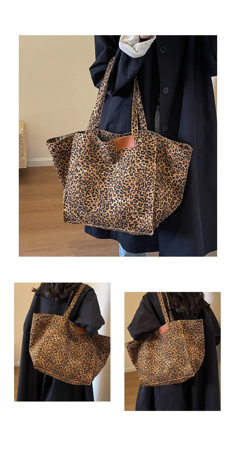 Oversized Leopard Print Shoulder Bag Women Canvas Large Capacity Shopping Tote