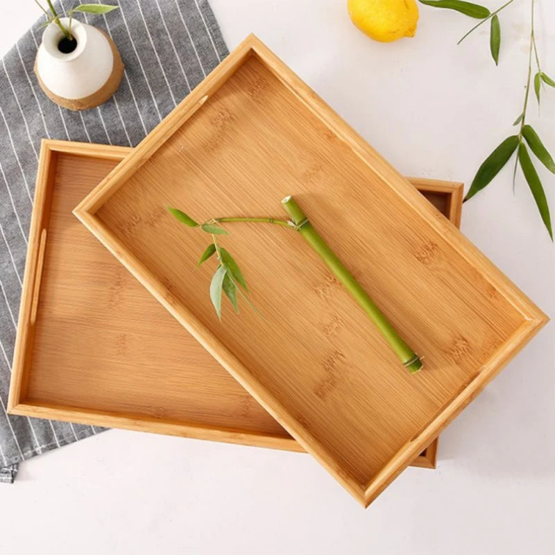 Wide Bamboo Organizer Tray with Handles for Cutlery Serving Spoons Cooking Utensils Teapot Teacup
