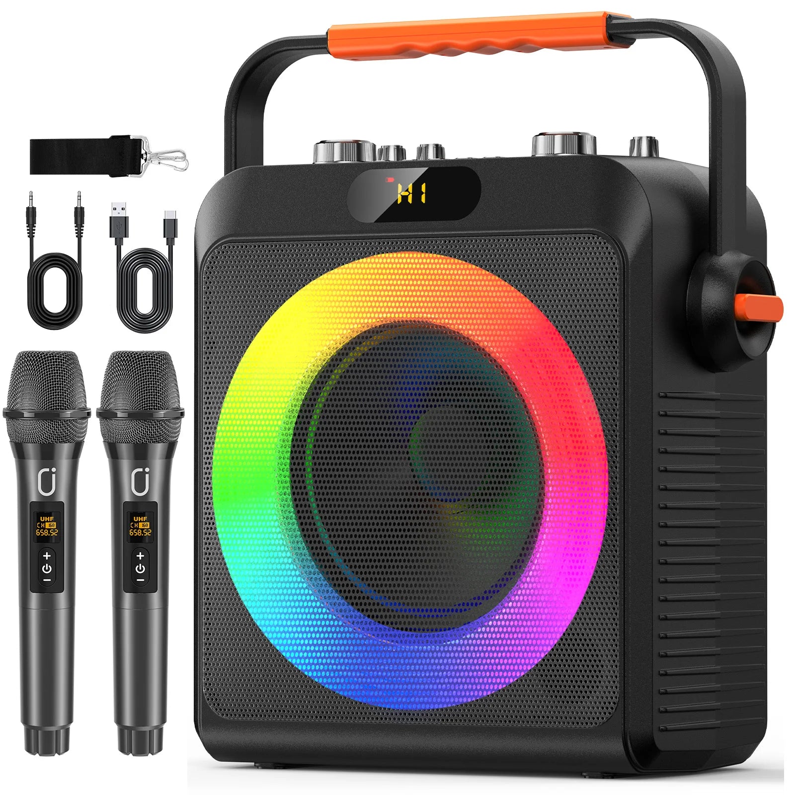 Karaoke Machine with 2 Wireless Microphones Portable Speaker LED Lights Kids Adults
