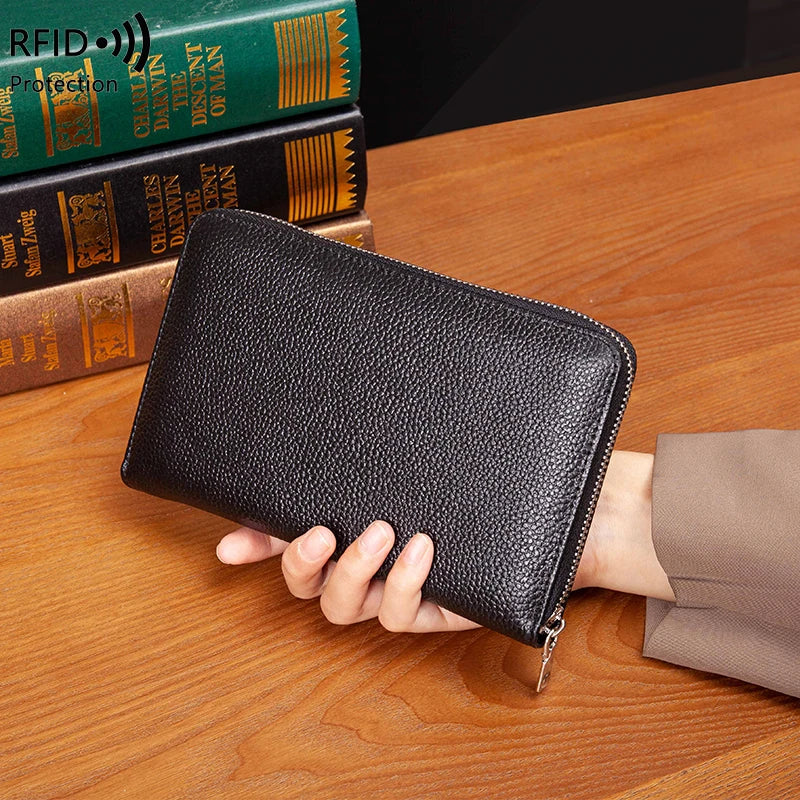 RFID Anti-Theft Cowhide Leather Wallet Brush Head Layer Large Capacity