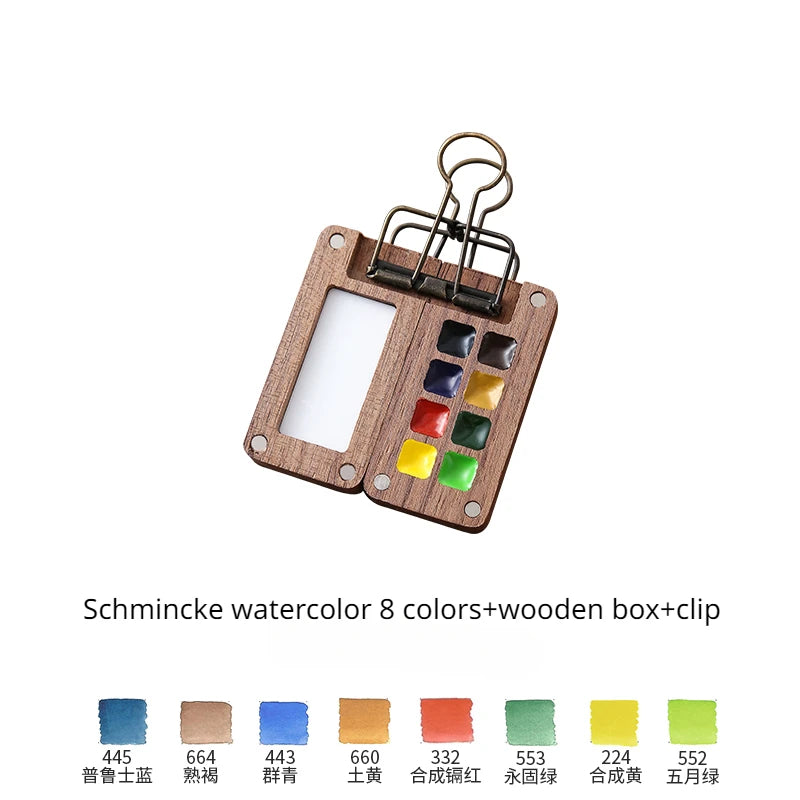 Portable Travel Watercolor Set Schmincke 8 Colors Mini Walnut Paint Box Sketchbook Supplies