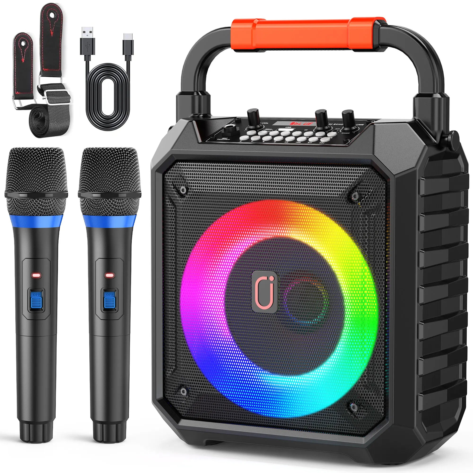 Karaoke Machine with 2 Wireless Microphones Portable Speaker LED Lights Kids Adults