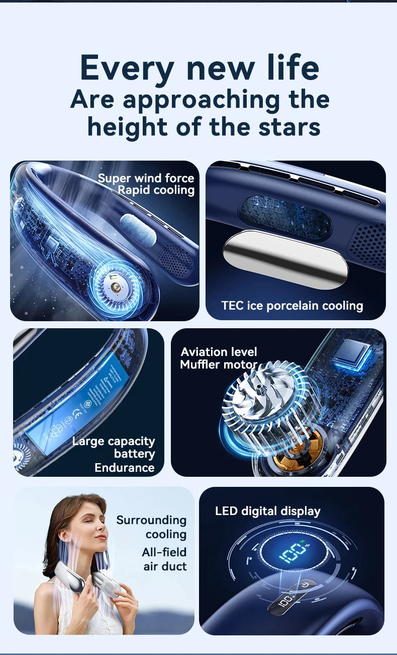 Xiaomi Portable Neck Fan 10000mAh Mini Bladeless Silent USB Rechargeable LED Digital Display 5th Gear Air Cooler