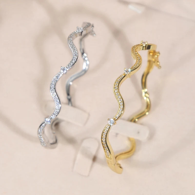 Personality Wave Shape Bangles 58mm Cubic Zirconia Brass Gold/Platinum Plated Bracelet