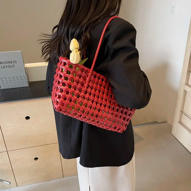 LEFTSIDE Small Solid Color Weave Tote Bags Shoulder Bag Handbags