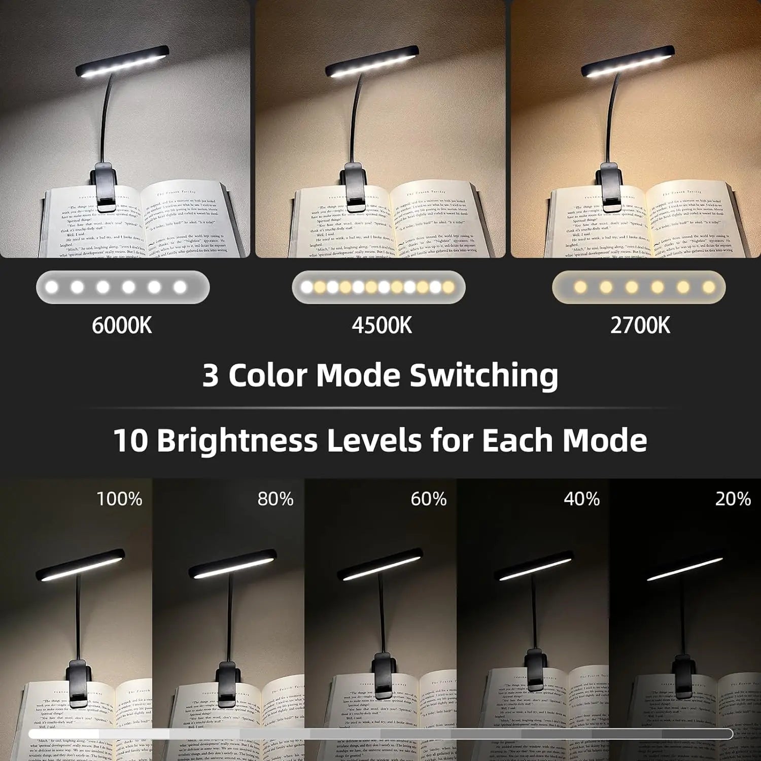 Book Light USB Rechargeable Reading Warm Cool White Daylight Portable Flexible Easy Clip Night Lamp