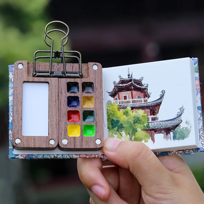 Portable Travel Watercolor Set Schmincke 8 Colors Mini Walnut Paint Box Sketchbook Supplies