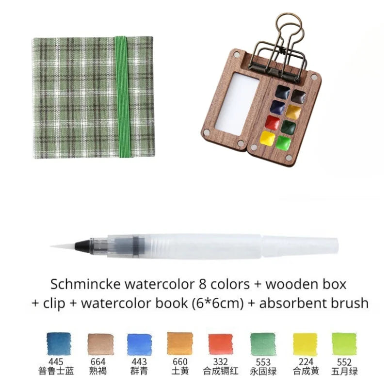 Portable Travel Watercolor Set Schmincke 8 Colors Mini Walnut Paint Box Sketchbook Supplies