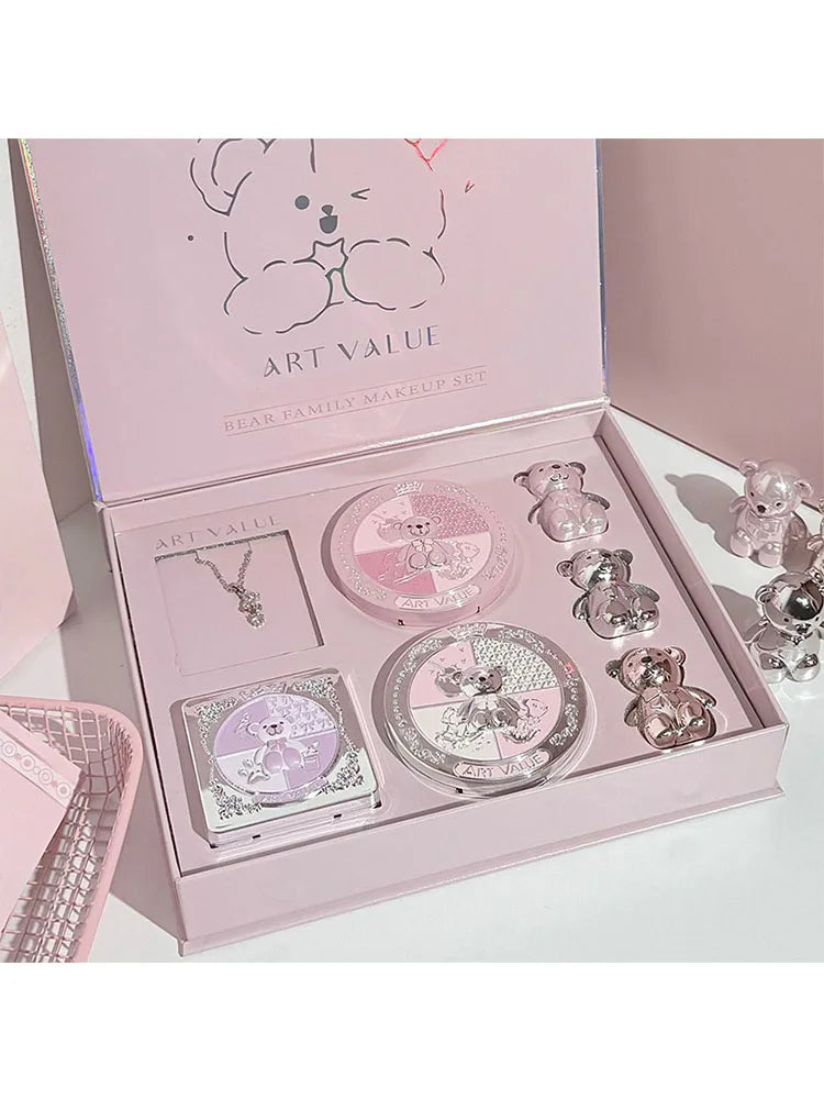 ART VALUE 7PC Makeup Set 3 Colors Lip Mud Pressed Powder Blush Eyeshadow Necklace