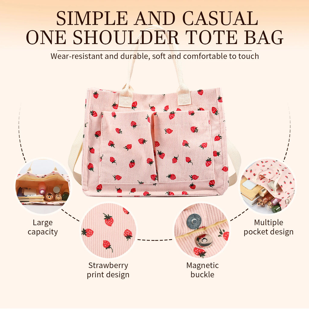Tote Bag Cute Strawberry Patched Purse Women Fabric Large Capacity Purse Adjustable Shoulder