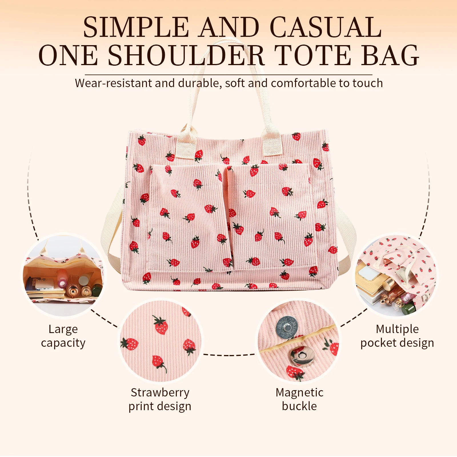 Tote Bag Cute Strawberry Patched Purse Women Fabric Large Capacity Purse Adjustable Shoulder