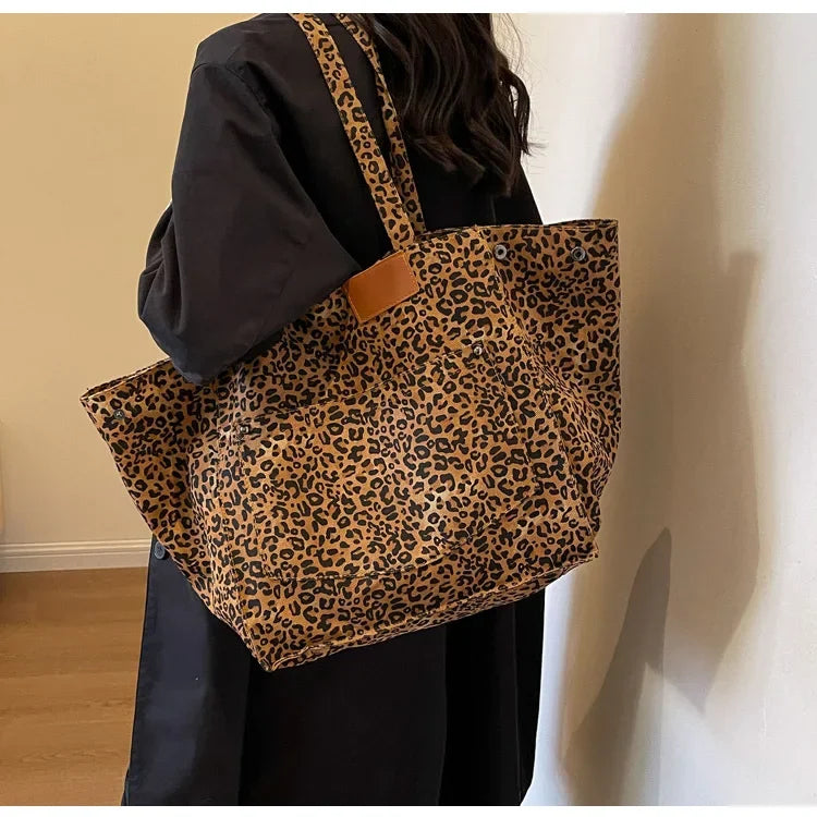 Oversized Leopard Print Shoulder Bag Women Canvas Large Capacity Shopping Tote
