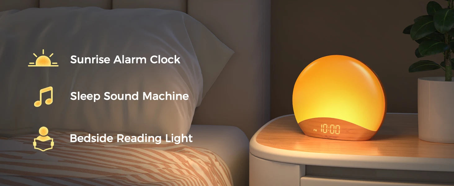 Wood Grain Sunrise Alarm Clock Sound Machine Nightlight Digital Dimmable for Bedroom 26 Sleep Sounds Baby Adults Kids