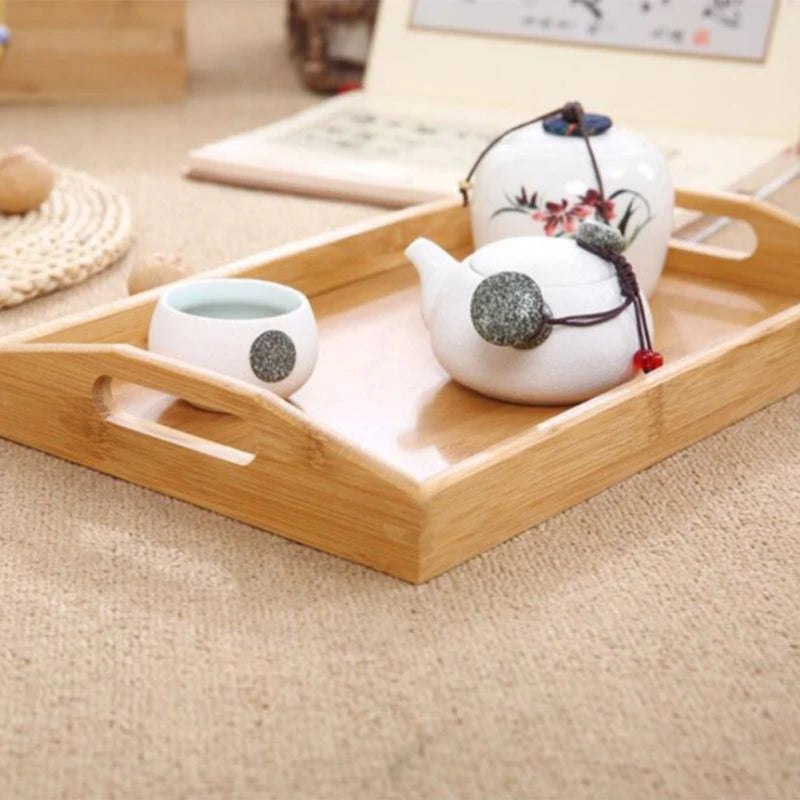 Wide Bamboo Organizer Tray with Handles for Cutlery Serving Spoons Cooking Utensils Teapot Teacup