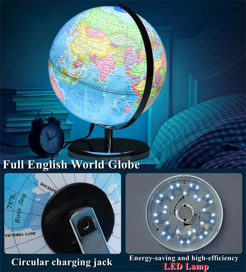 Sphere Diameter 25cm English World Globe HD Printed 360° LED Light Desk Lamp Globe Metal ABS